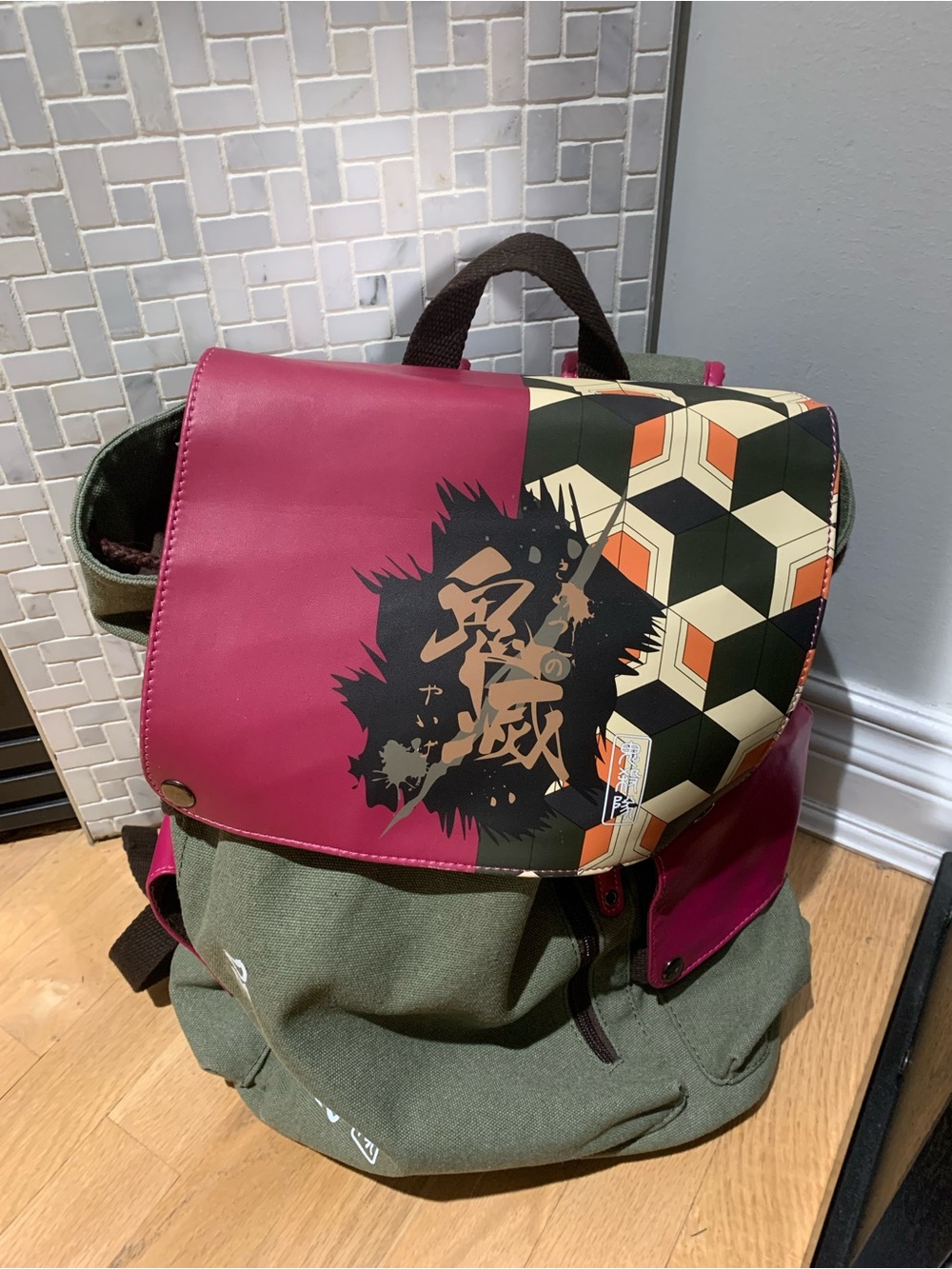 Men's Green Canvas Backpack with Pink Accent
